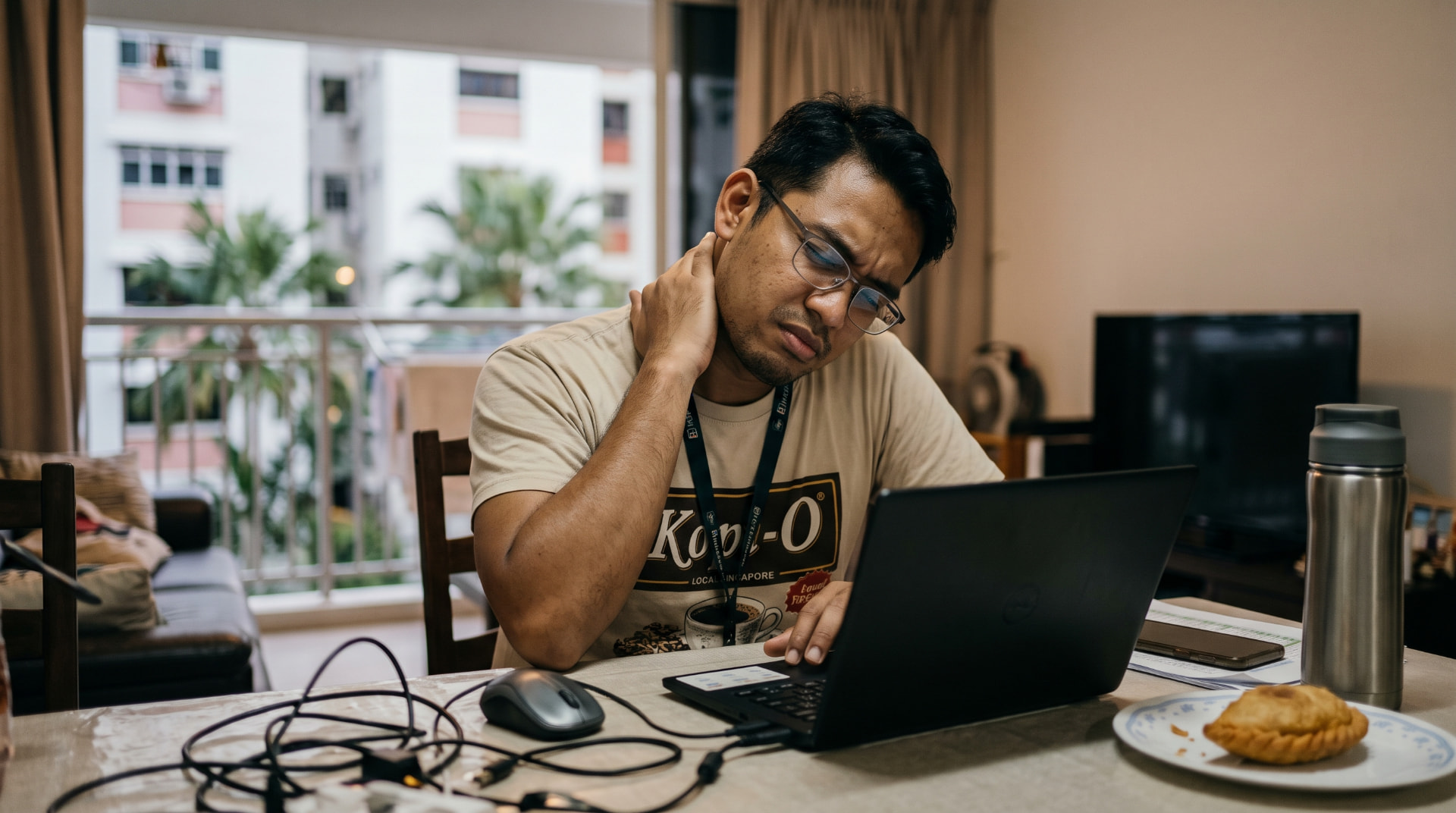 A man working from a makeshift desk at home in Singapore, rubbing his neck while looking at a laptop.