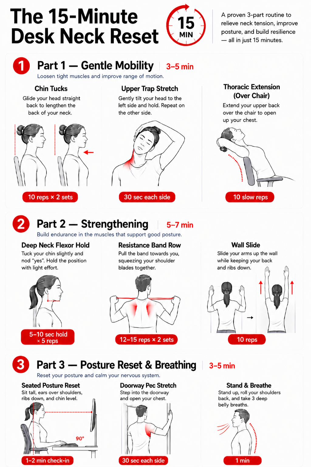 An infographic demonstrating a 15-minute desk neck reset routine for office workers, featuring chin tucks, stretches, and posture correction exercises.