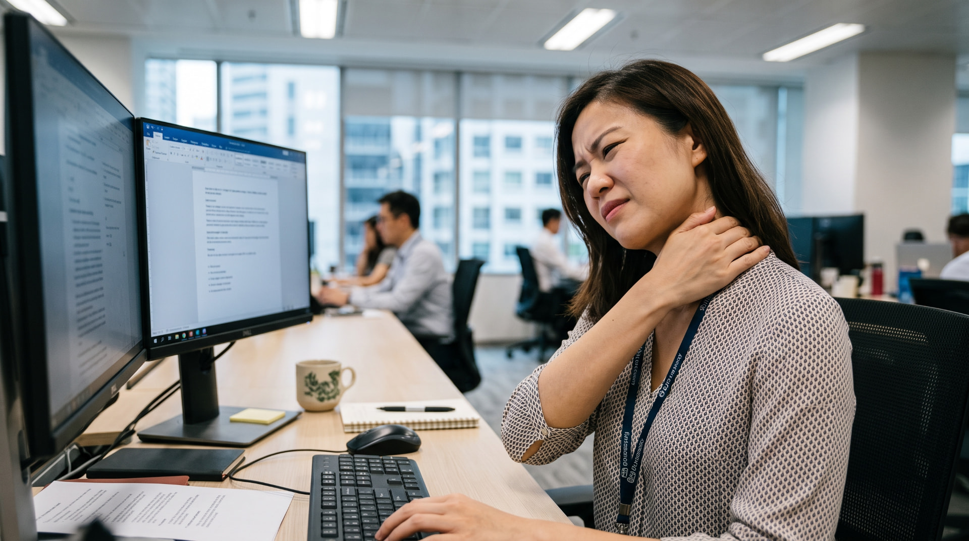 A female office worker in Singapore rubbing her neck while working at a computer workstation.